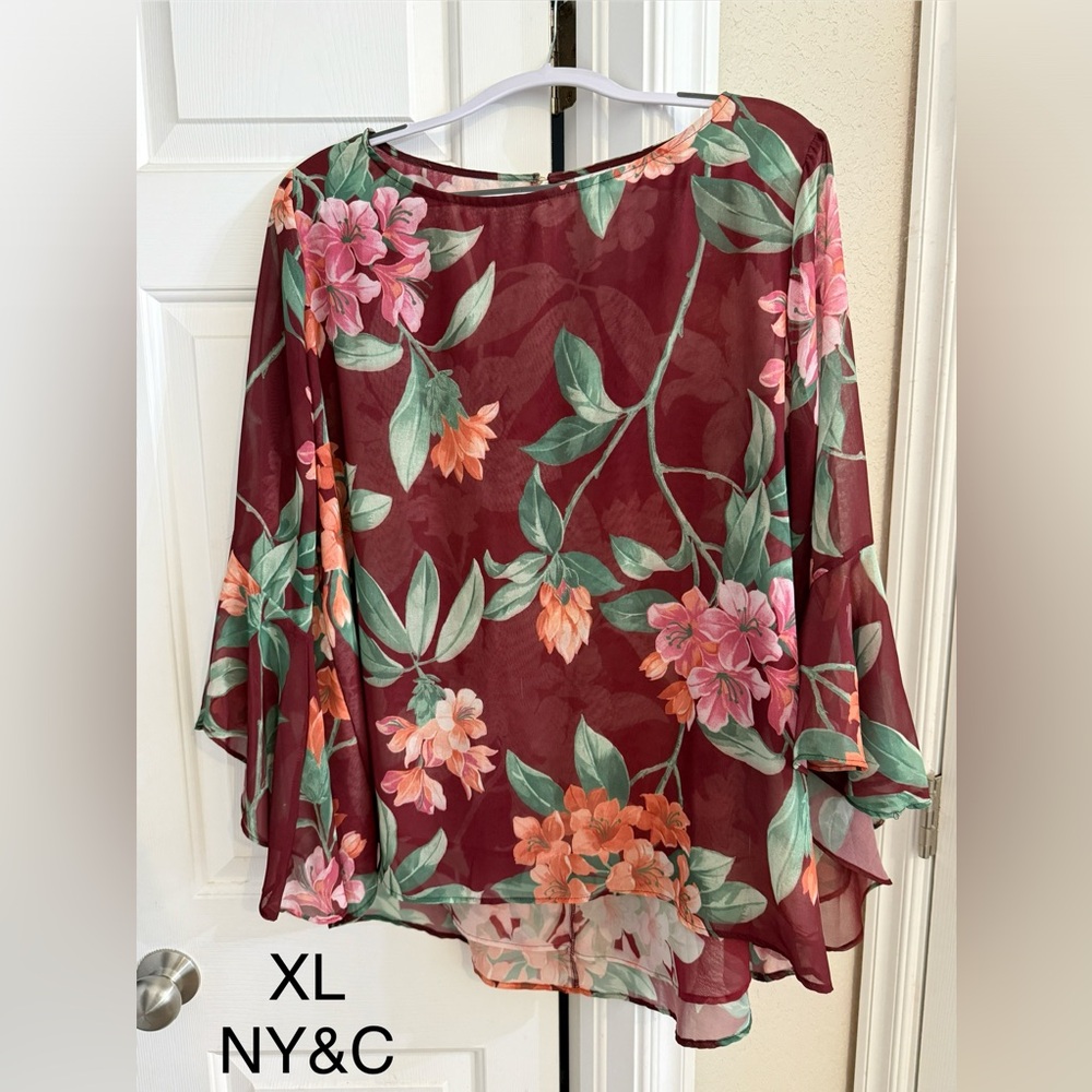 New York & Company Burgundy Floral Blouse